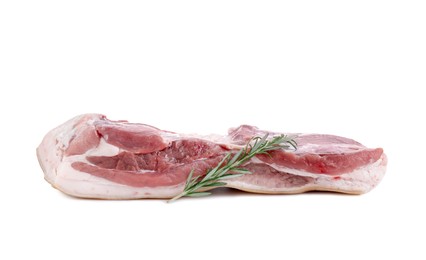 Photo of One piece of raw pork belly and rosemary isolated on white