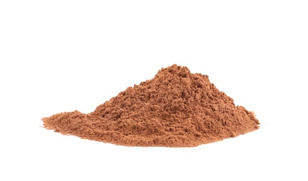 Photo of Pile of chocolate protein powder isolated on white