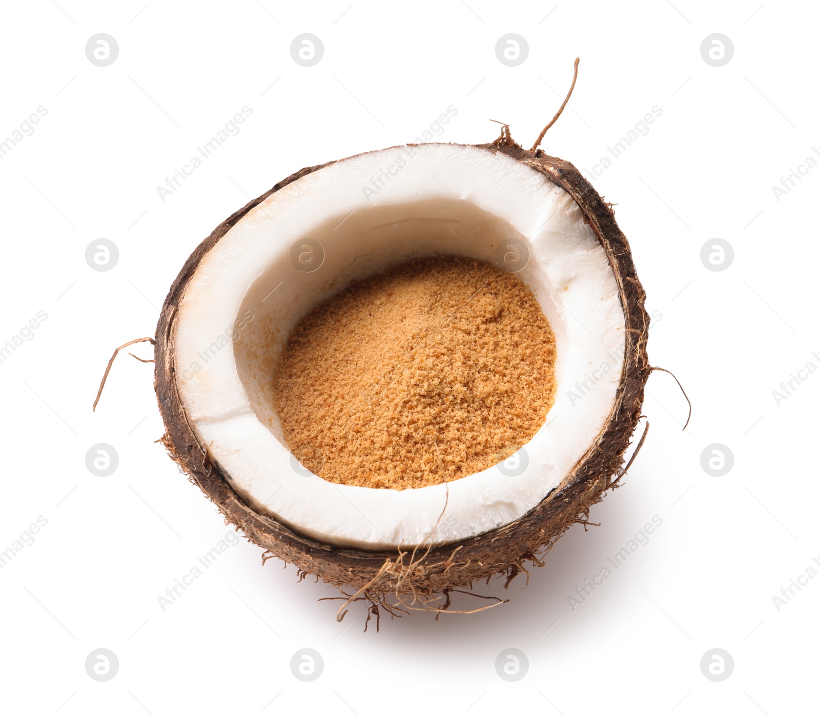 Photo of Coconut sugar and fruit isolated on white