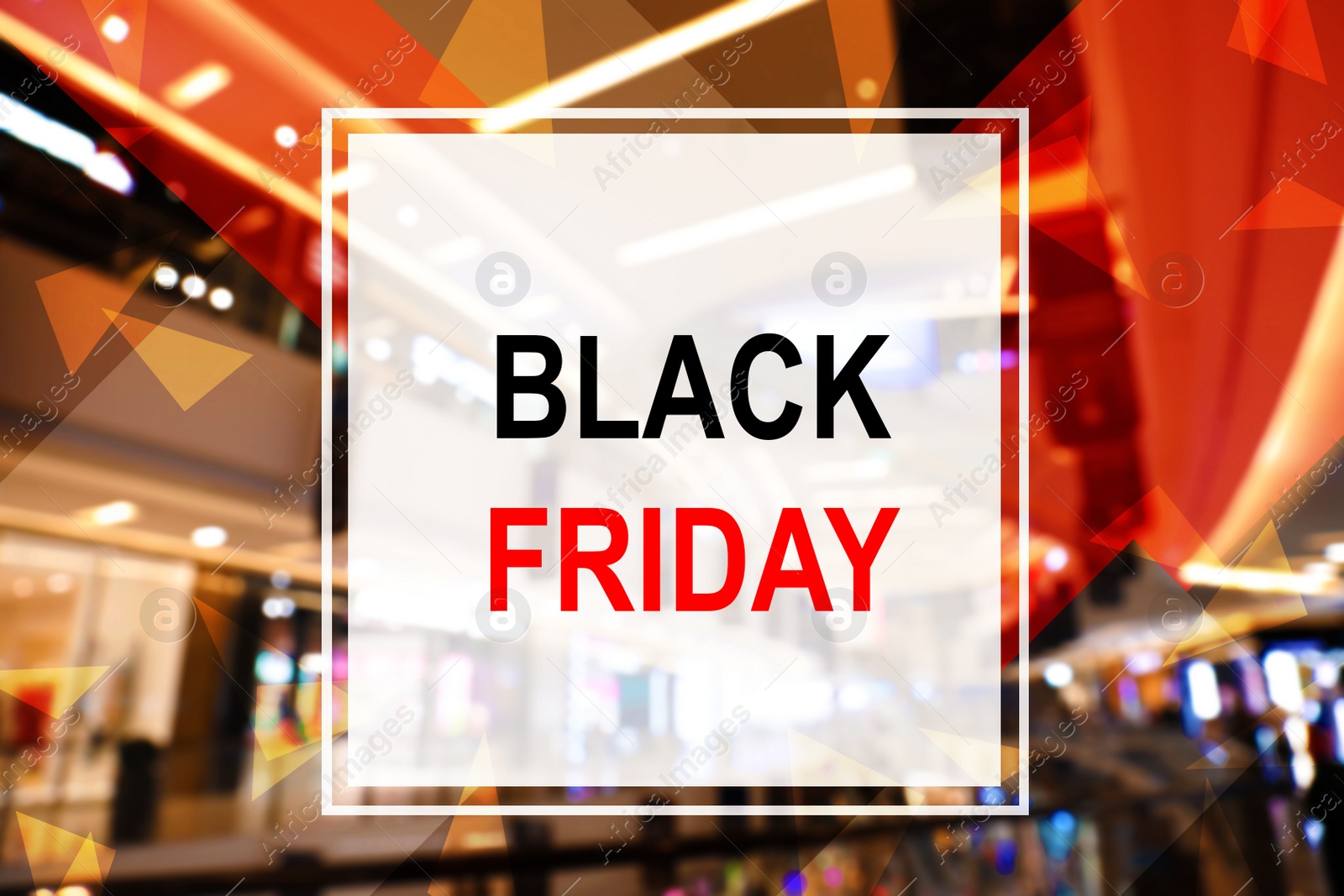 Image of Blurred view of modern shopping mall interior. Black Friday Sale