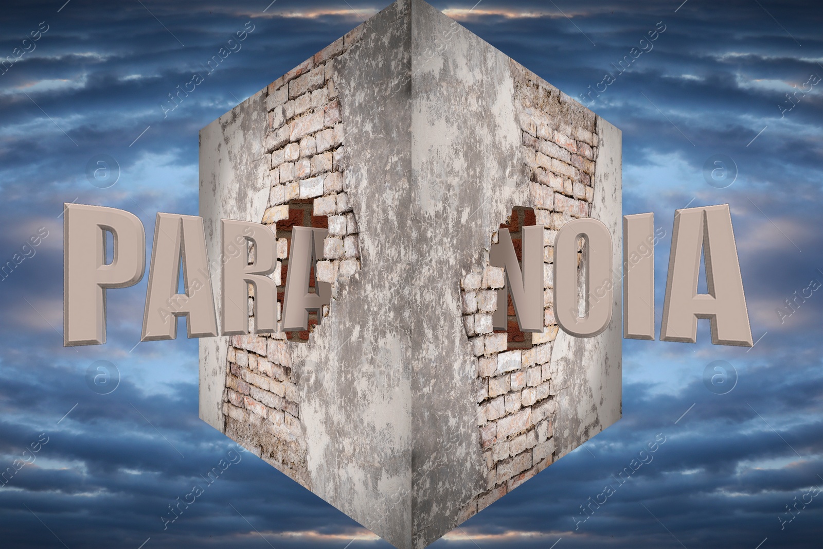 Image of Mental disorder. Word Paranoia passing through brick cube against abstract background