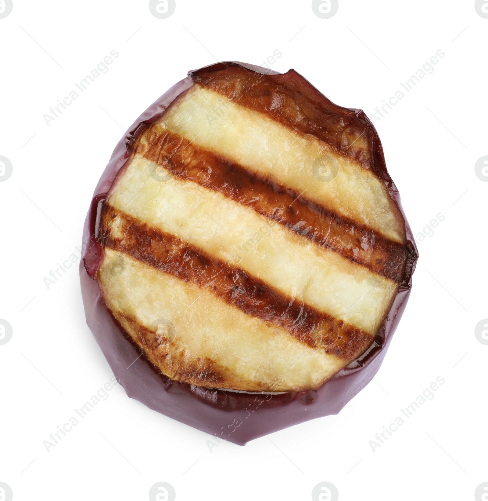 Photo of Delicious grilled eggplant slice isolated on white, top view