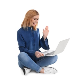 Photo of Woman using laptop for video chat isolated on white