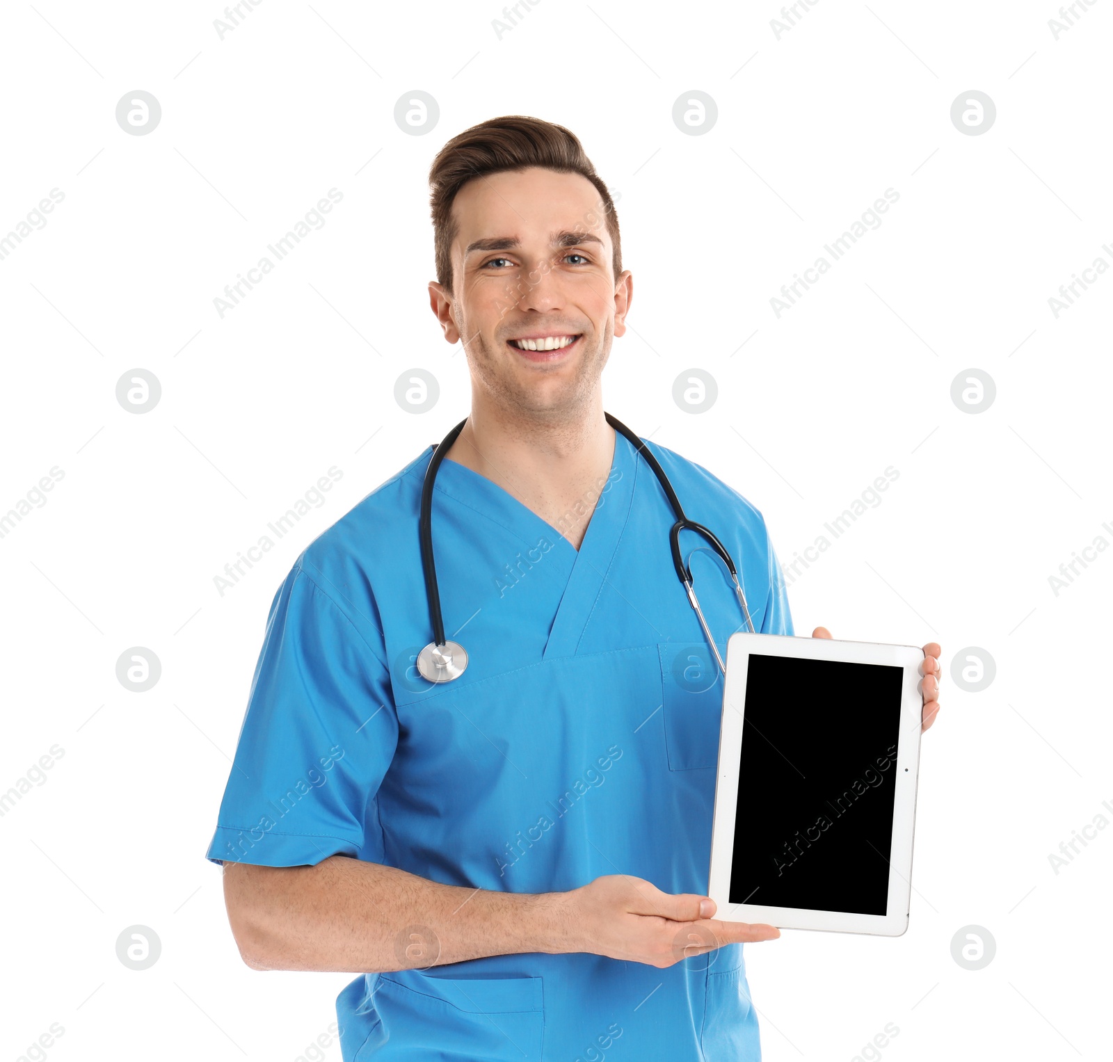 Photo of Portrait of medical assistant with stethoscope and tablet on white background. Space for text