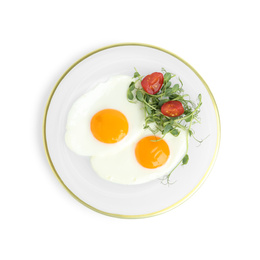Photo of Tasty fried eggs with tomato and sprouts isolated on white, top view