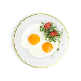 Tasty fried eggs with tomato and sprouts isolated on white, top view