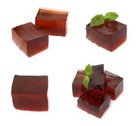 Image of Set with tasty grass jelly cubes on white background