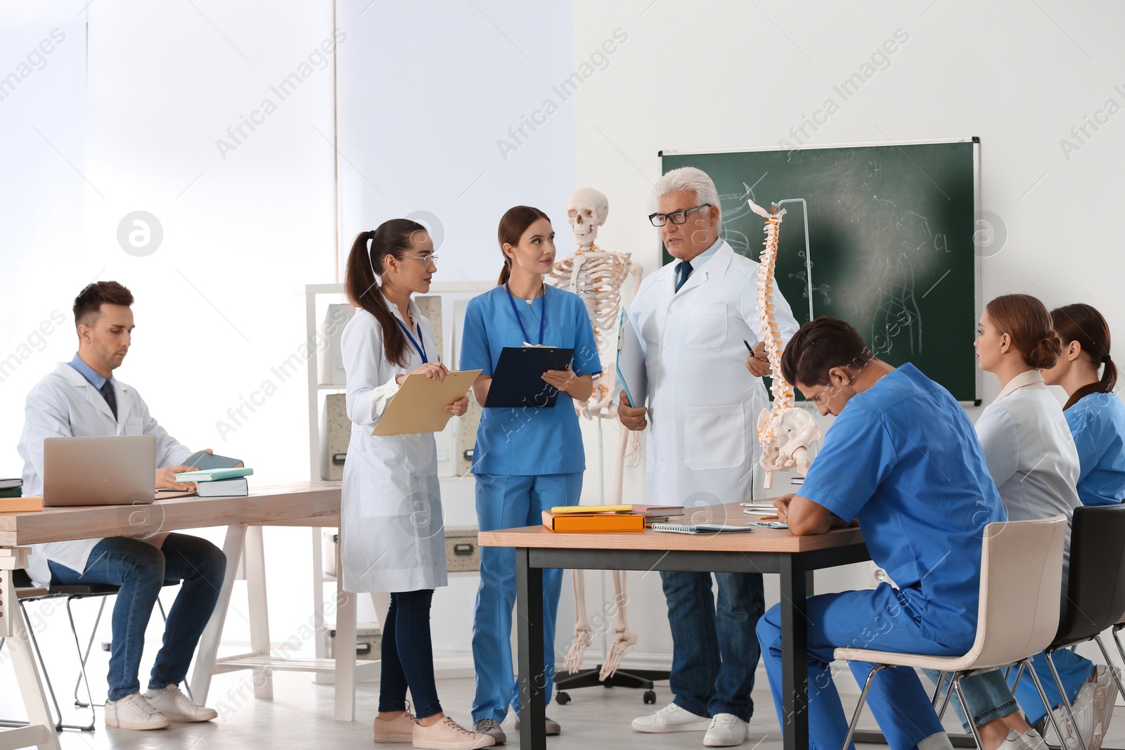 Photo of Medical students and professor studying human spine structure in classroom