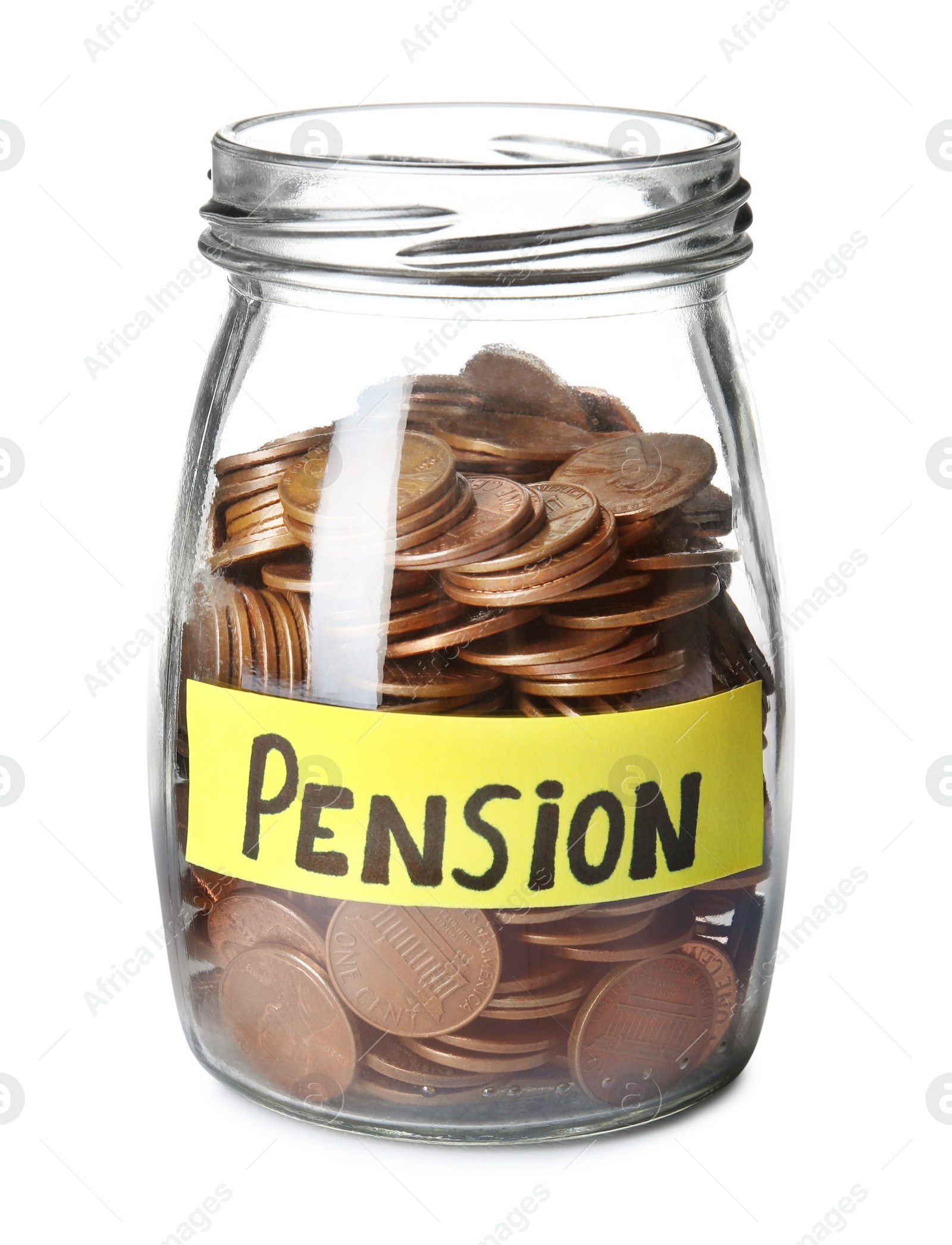 Photo of Glass jar with label PENSION and coins on white background