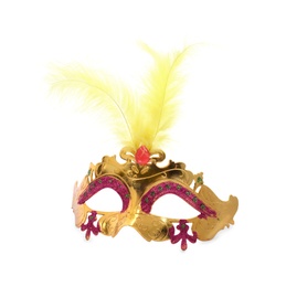 Photo of Beautiful golden carnival mask with feathers isolated on white