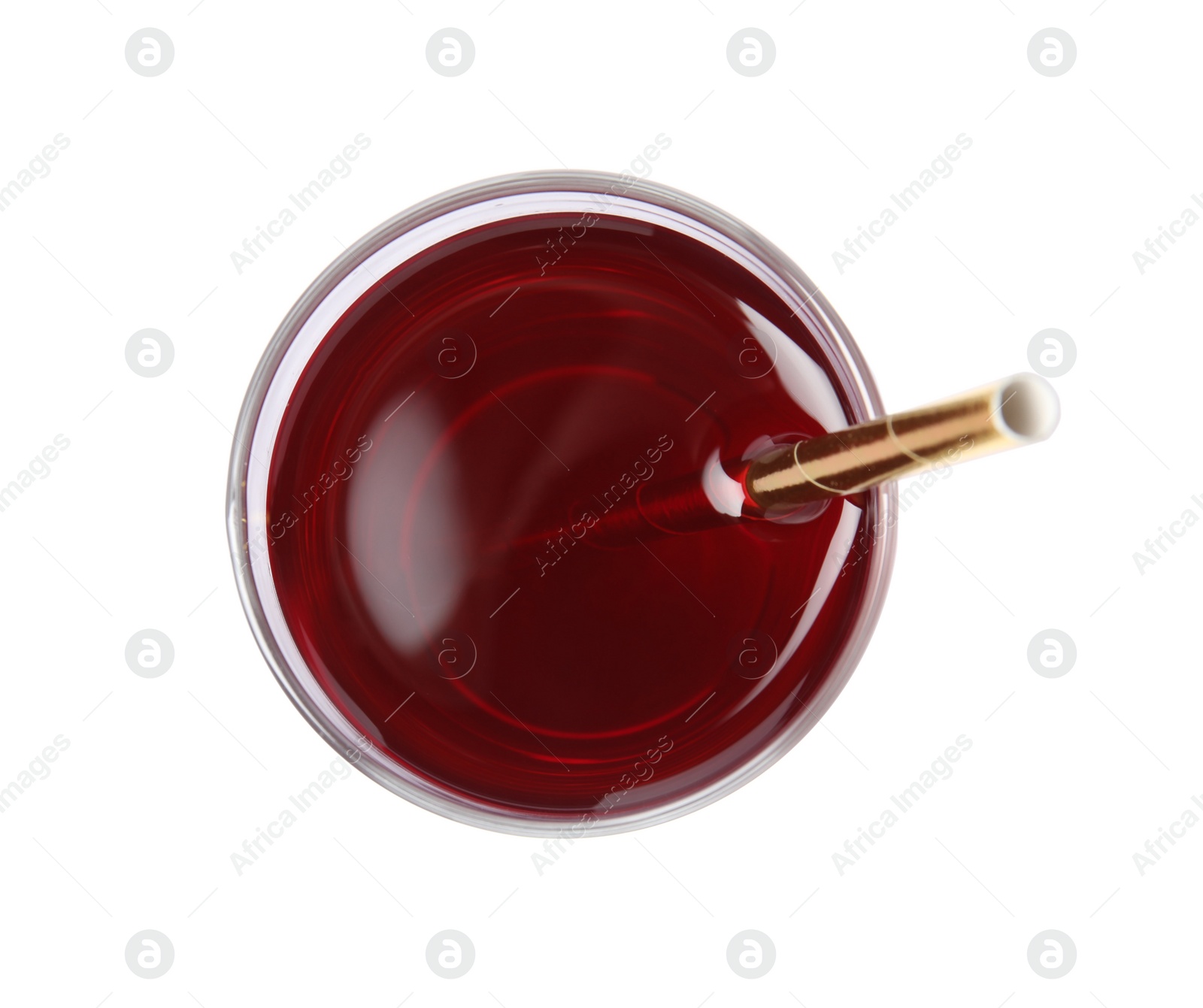 Photo of Pomegranate juice in glass on white background, top view