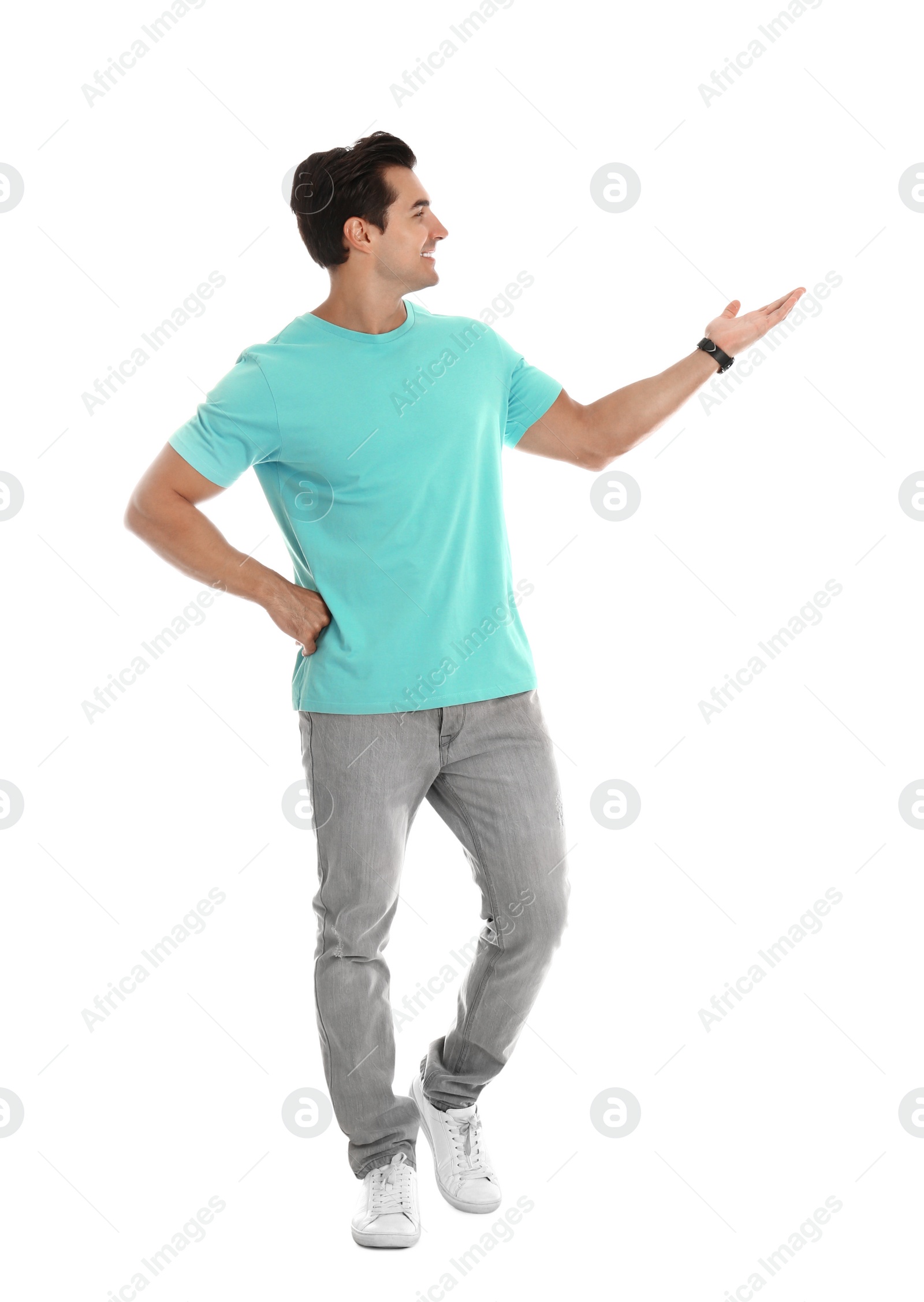 Photo of Professional business trainer pointing on something, white background