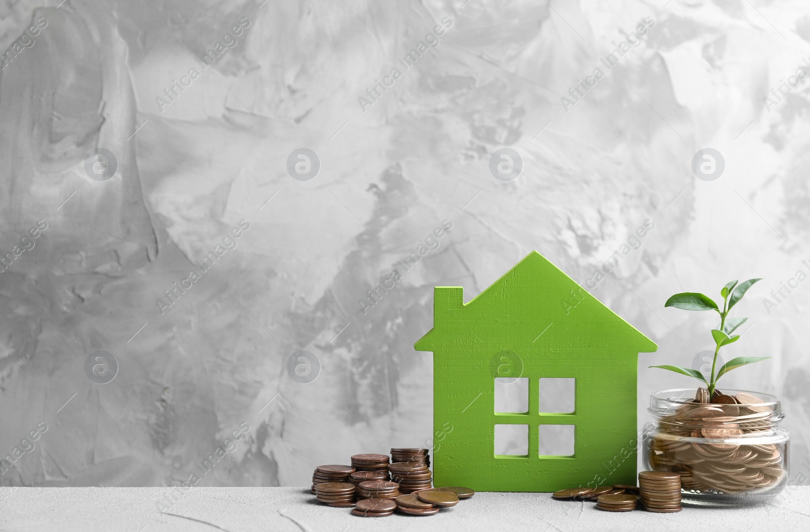 Photo of House model, jar with coins and plant on table against grey background. Space for text