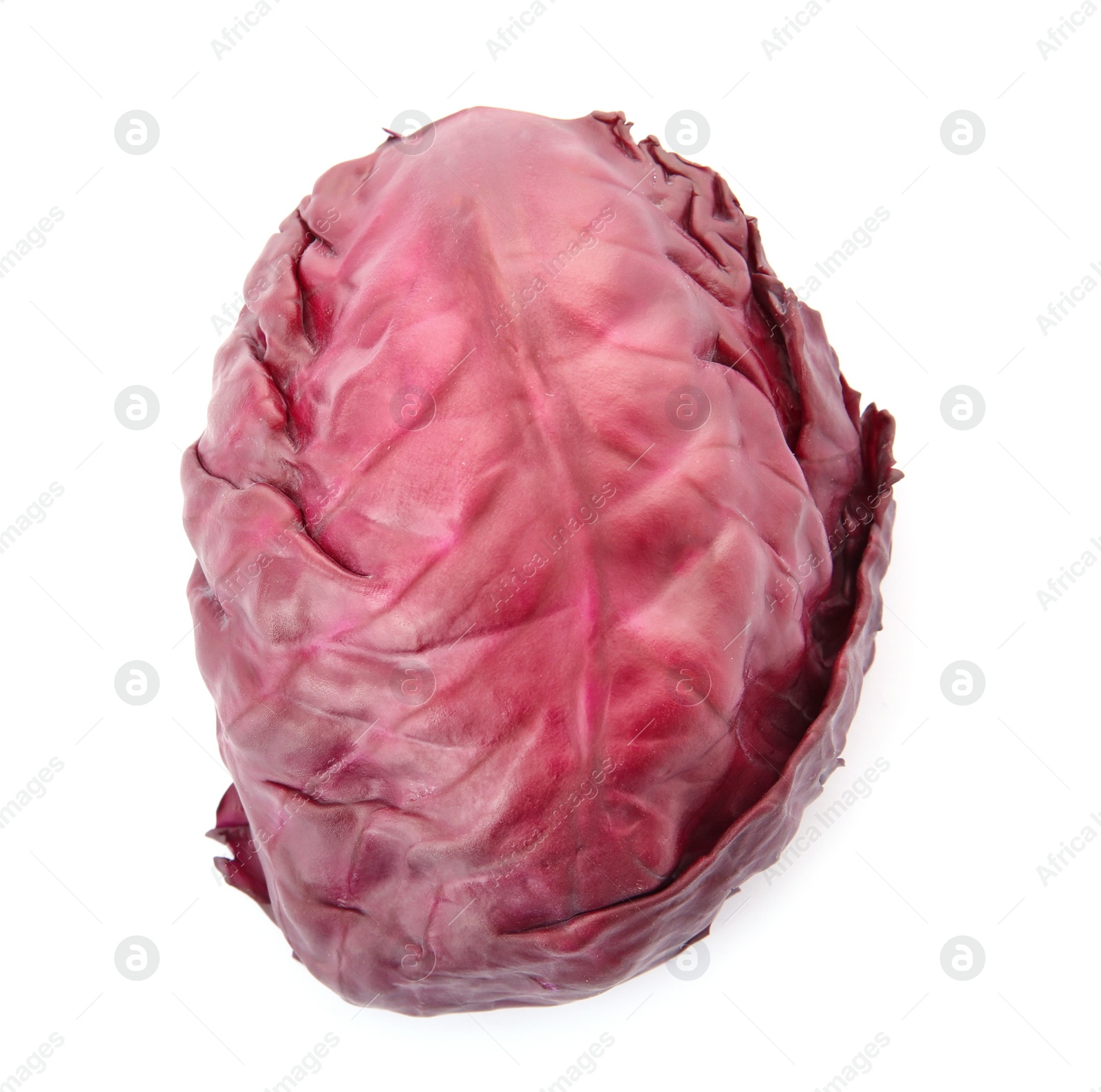 Photo of Leaf of ripe red cabbage on white background, top view