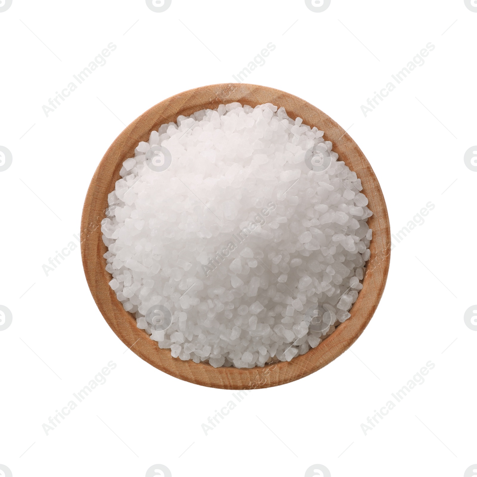 Photo of Natural salt in wooden bowl isolated on white, top view