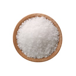 Photo of Natural salt in wooden bowl isolated on white, top view