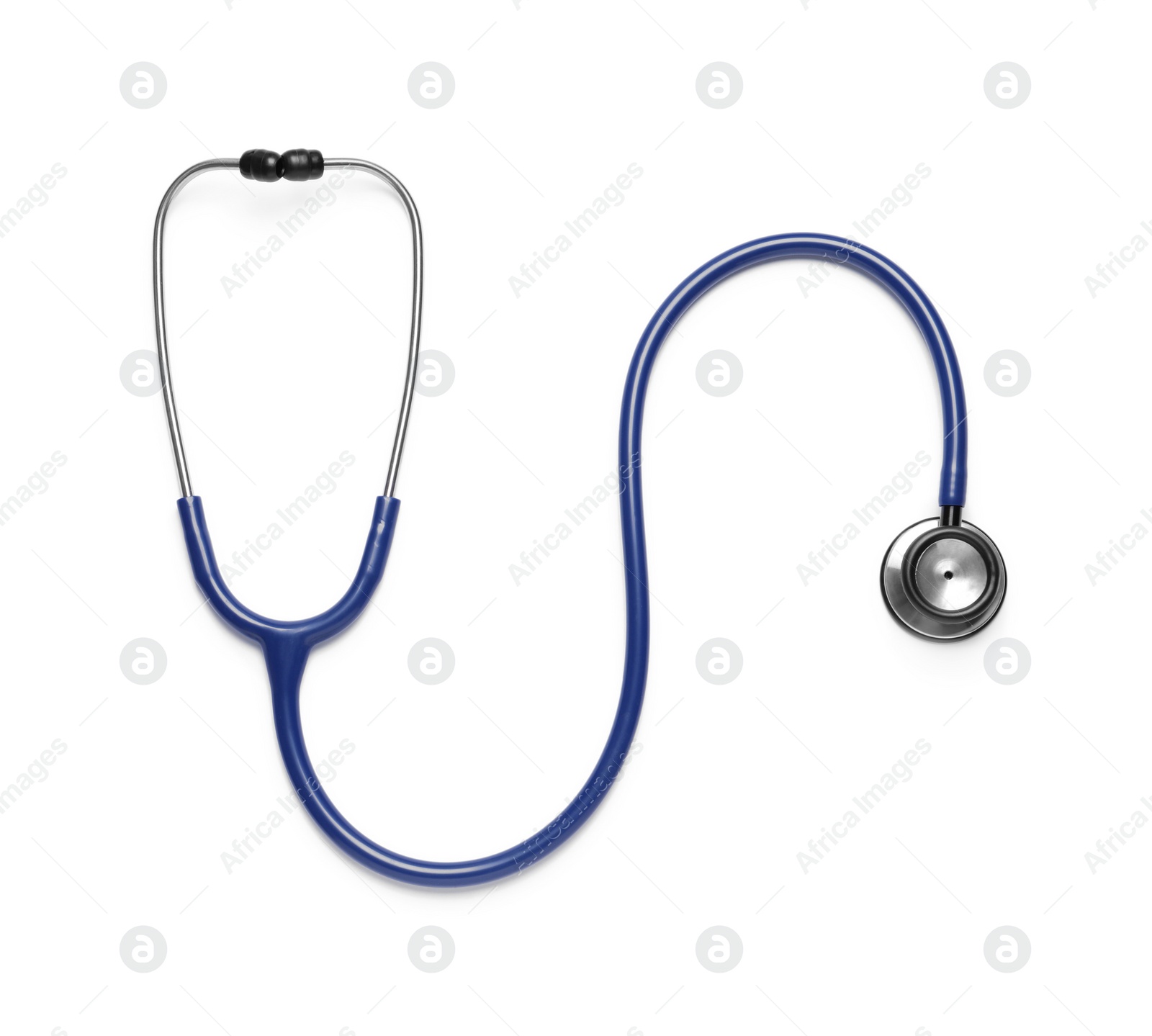 Photo of Modern stethoscope on white background, top view