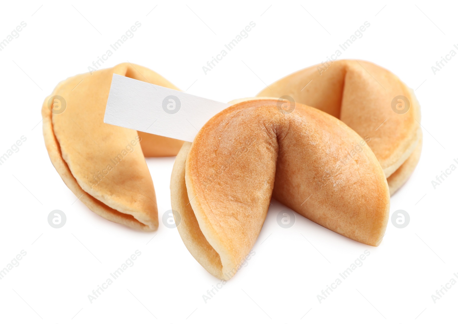 Photo of Traditional fortune cookies with prediction on white background