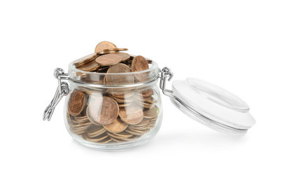 Photo of Glass jar with coins isolated on white