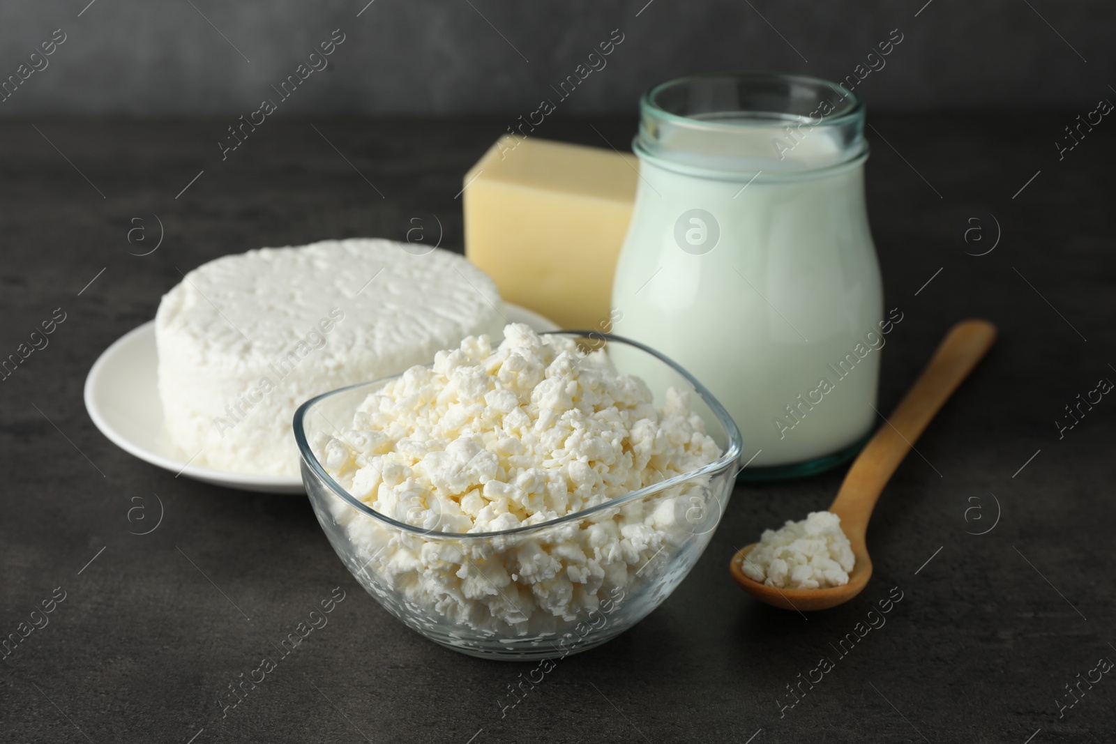 Photo of Fresh lactose free products on grey table