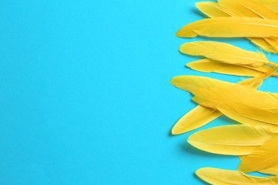Photo of Yellow feathers on light blue background, flat lay. Space for text