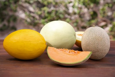 Whole and cut ripe melons on wooden table outdoors