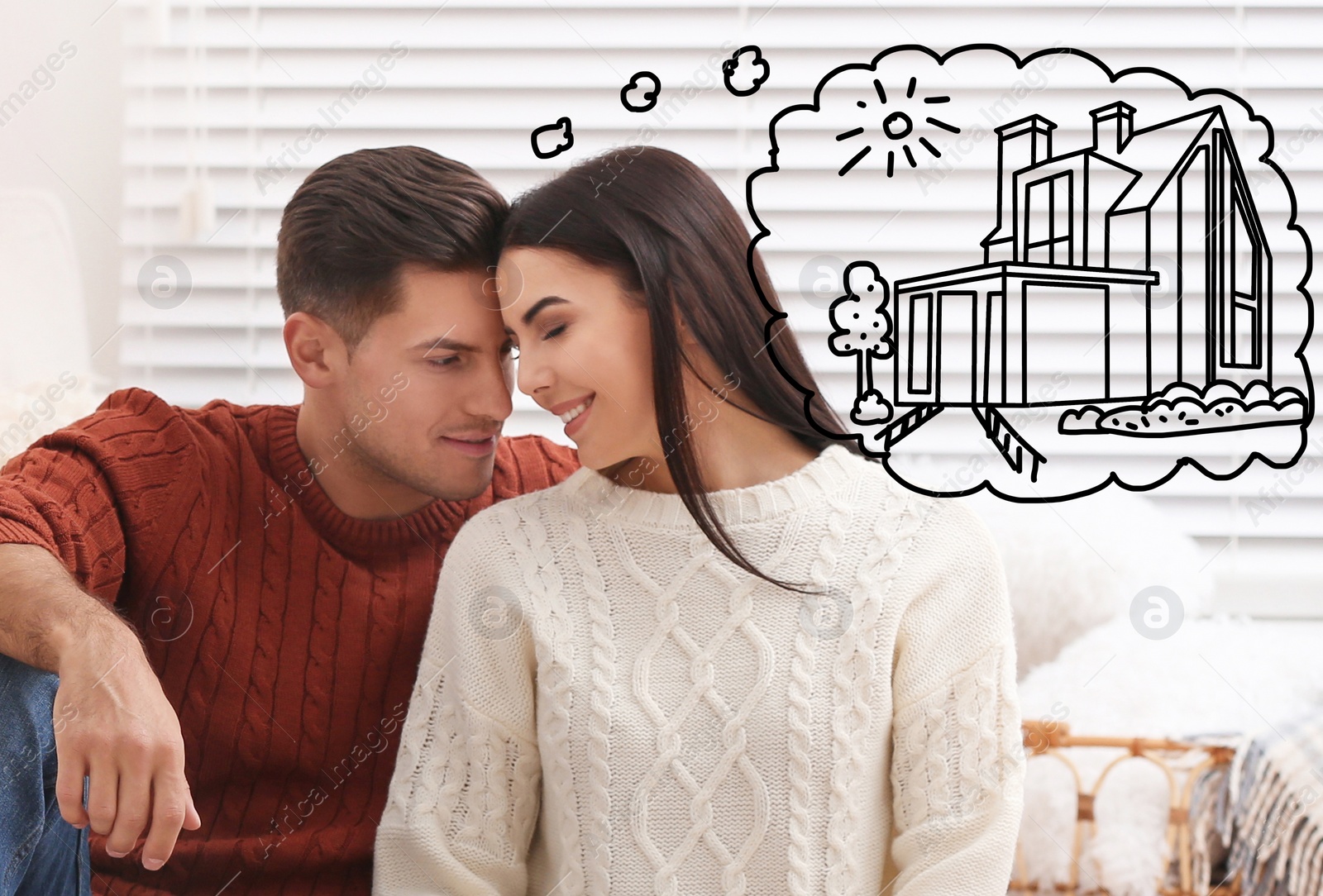 Image of Lovely couple dreaming about new house. Illustration in thought bubble