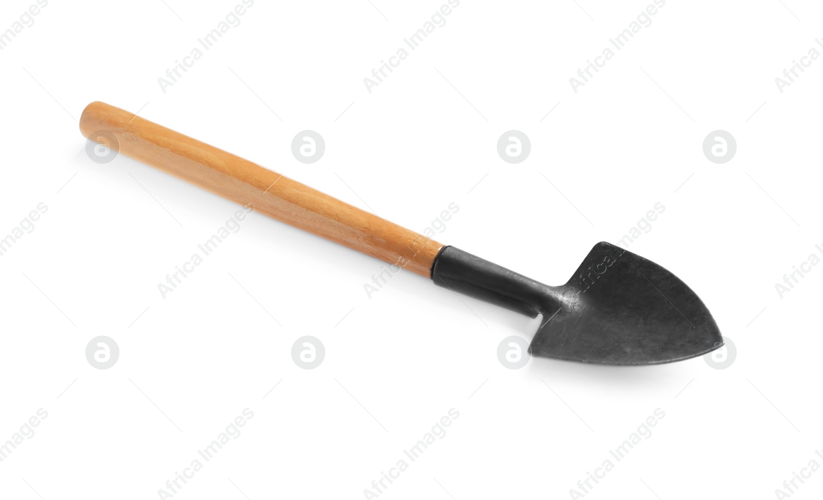 Photo of New trowel on white background. Professional gardening tool