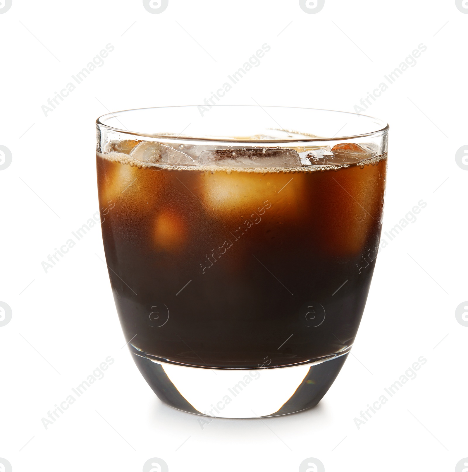 Photo of Glass of coffee drink with ice cubes on white background