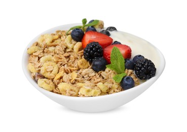 Photo of Tasty oatmeal, yogurt and fresh berries in bowl isolated on white. Healthy breakfast