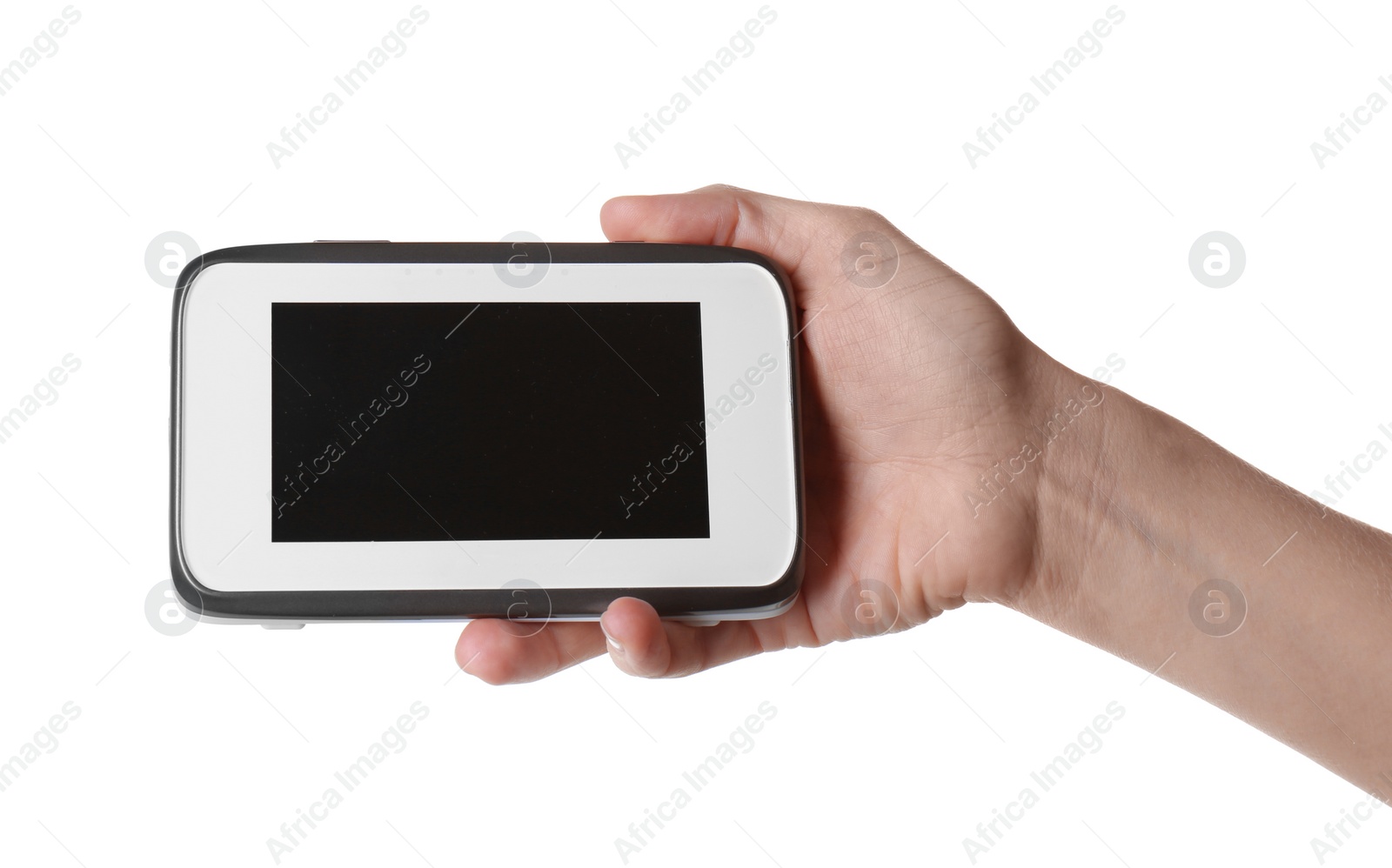 Photo of Woman holding modern monitor on white background, closeup, space for text. CCTV equipment
