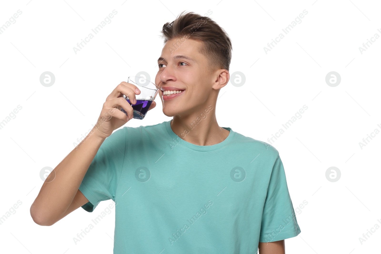 Photo of Young man with mouthwash on white background