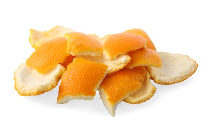 Photo of Many orange fruit peels preparing for drying isolated on white