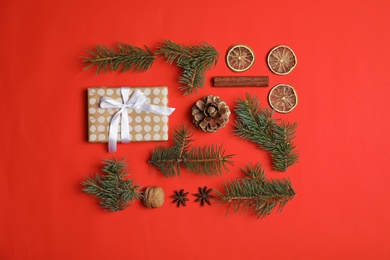 Flat lay composition with Christmas decor on color background. Festive winter design