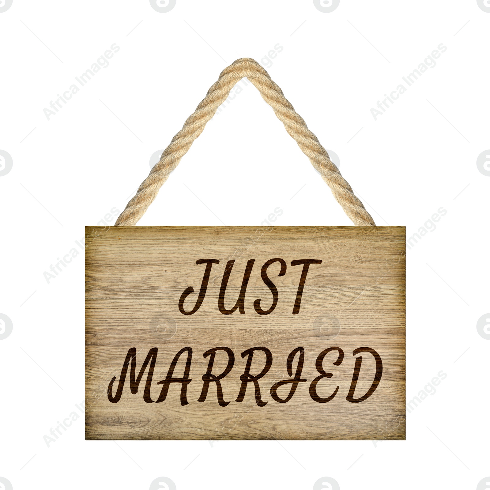 Image of Honeymoon. Wooden board with words Just Married on white background