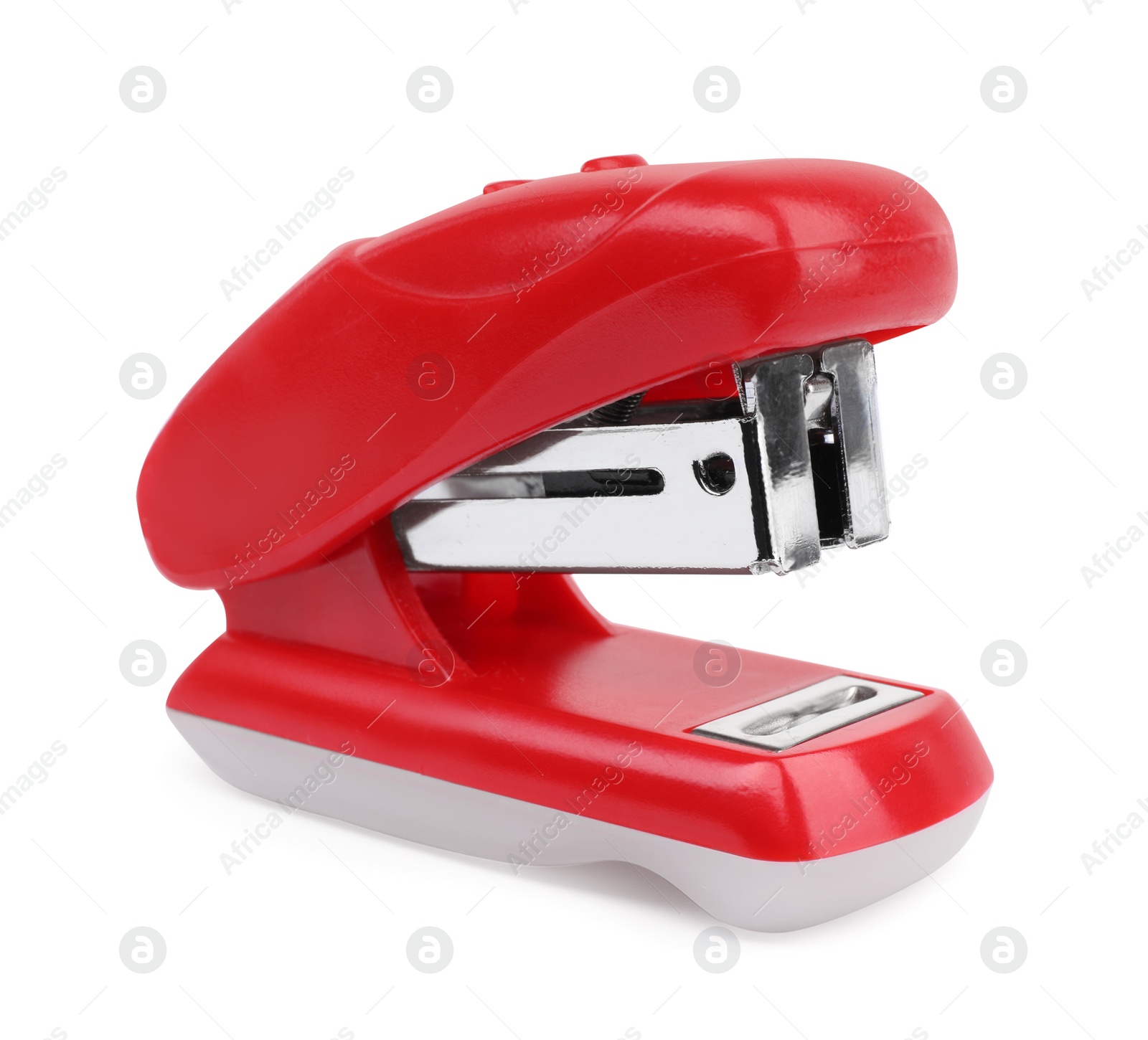 Photo of One new red stapler isolated on white