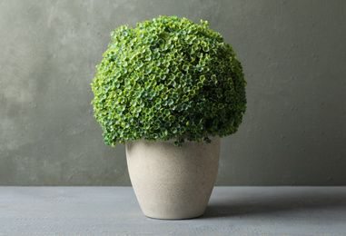 Photo of Artificial plant in ceramic flower pot on grey wooden table