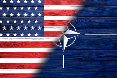 Image of Flags of USA and NATO on wooden background