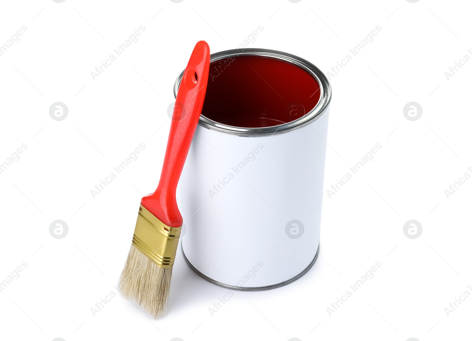 Photo of Paint can and brush on white background