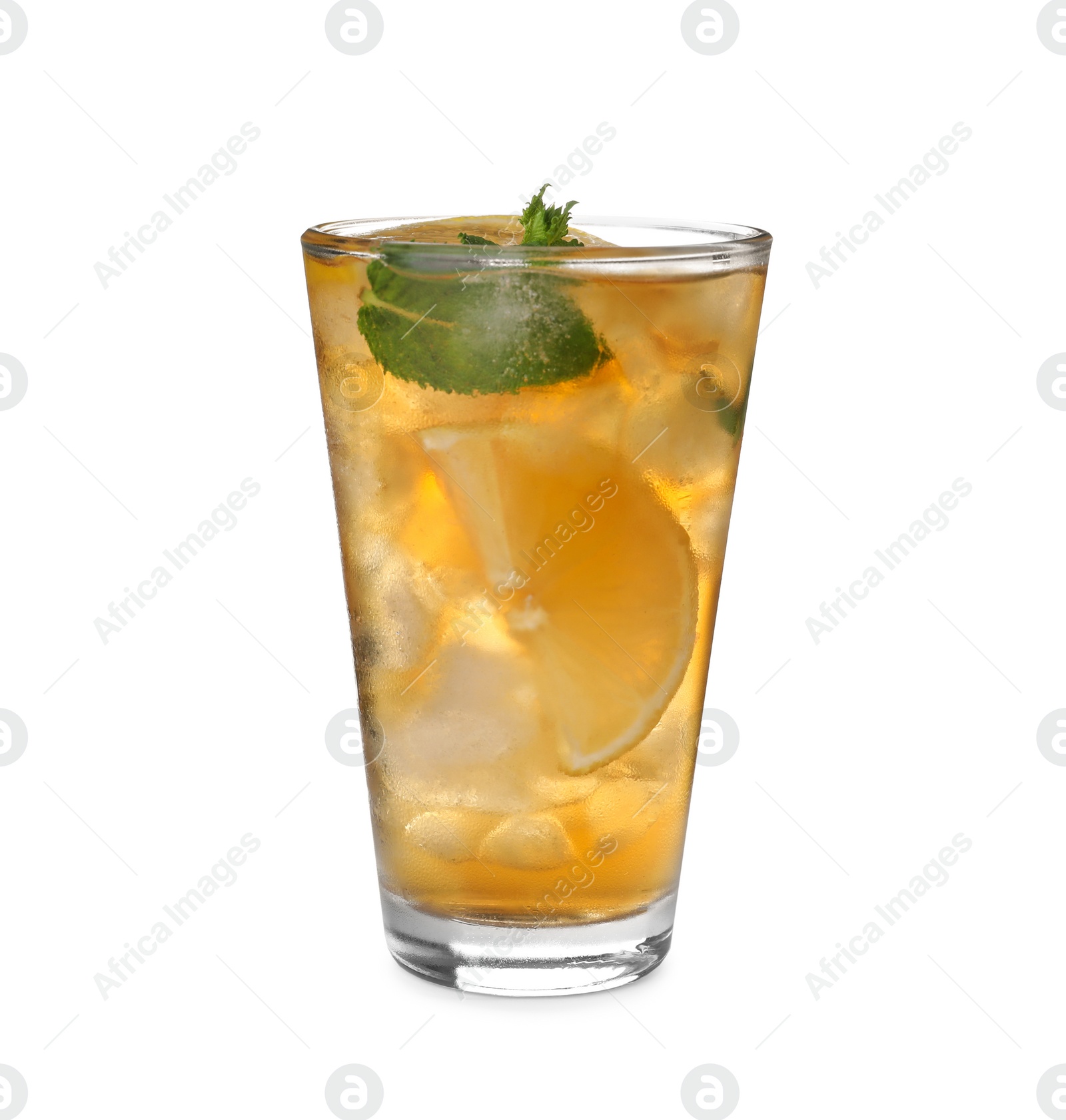 Photo of Delicious iced tea in glass on white background