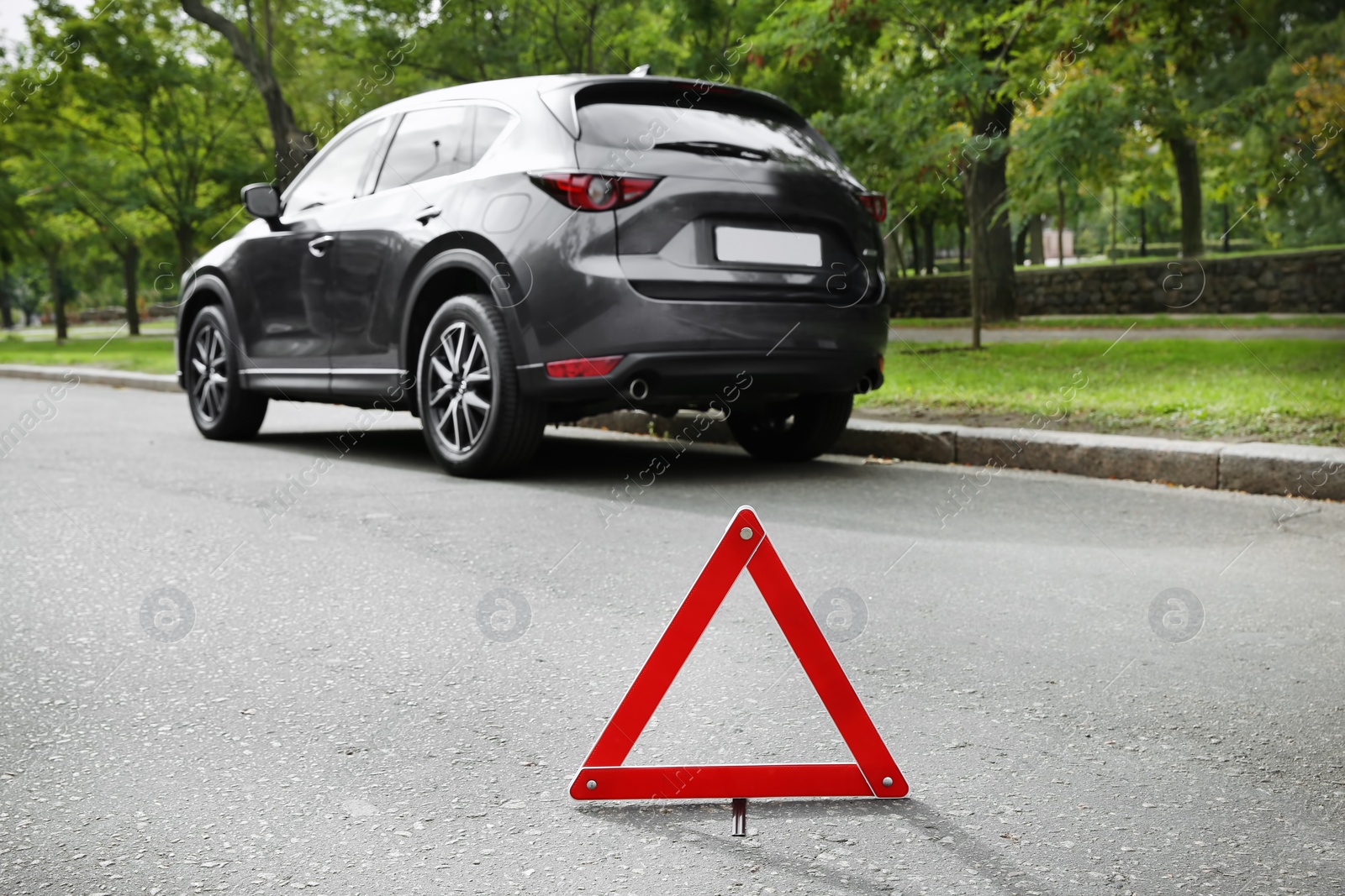 Photo of Emergency stop sign near broken car on road