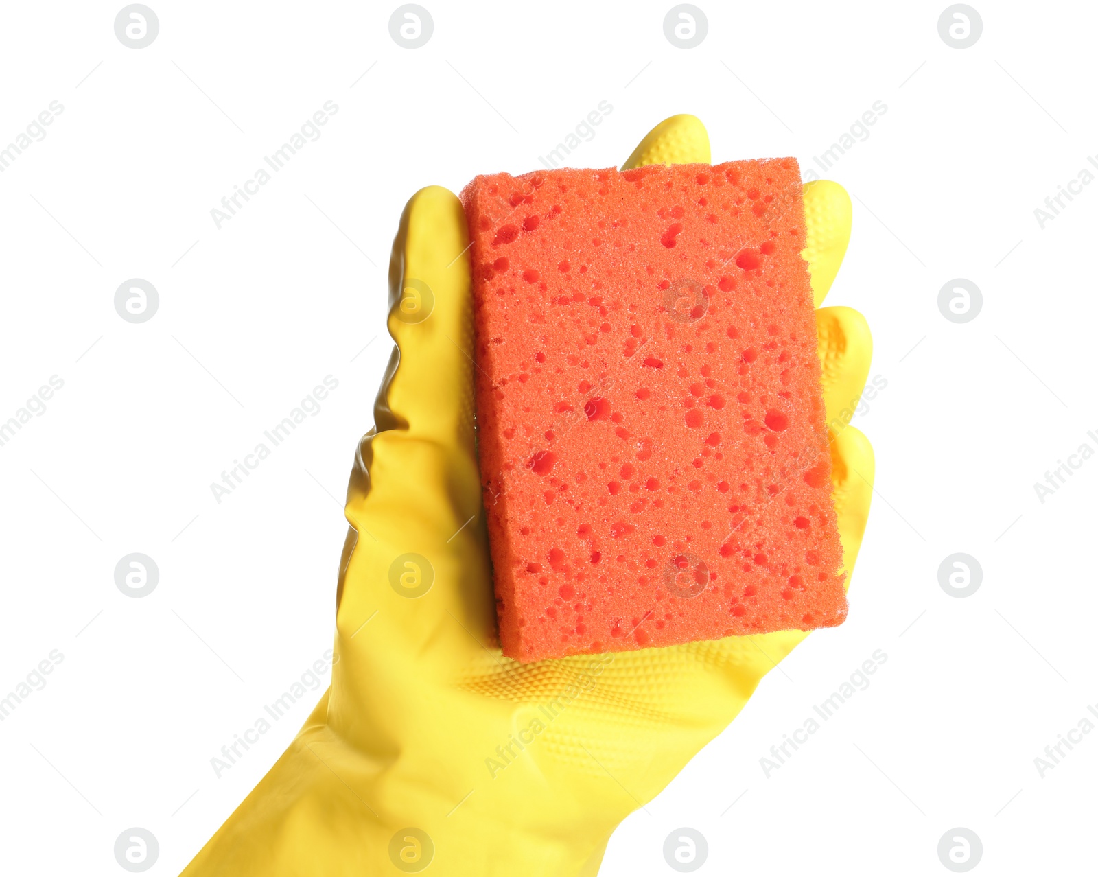 Photo of Person in rubber glove with sponge on white background, closeup of hand