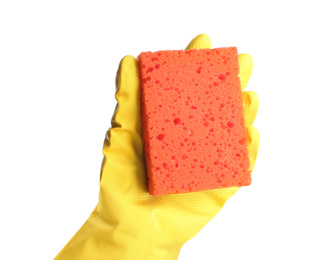 Photo of Person in rubber glove with sponge on white background, closeup of hand