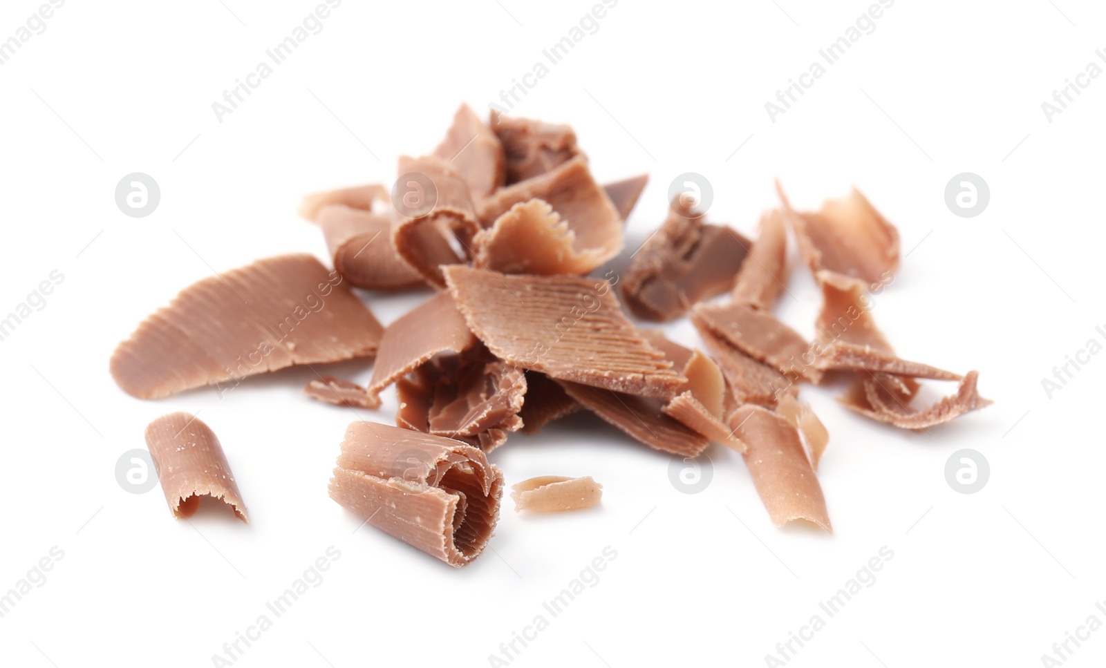 Photo of Pile of tasty chocolate shavings isolated on white
