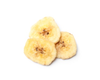 Sweet banana slices on white background. Dried fruit as healthy snack