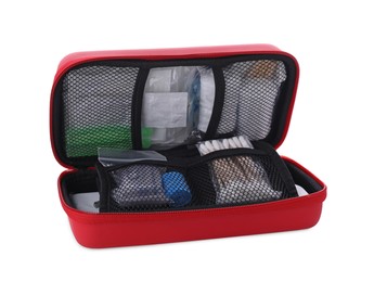 Photo of Red first aid kit with cotton buds and elastic bandage isolated on white