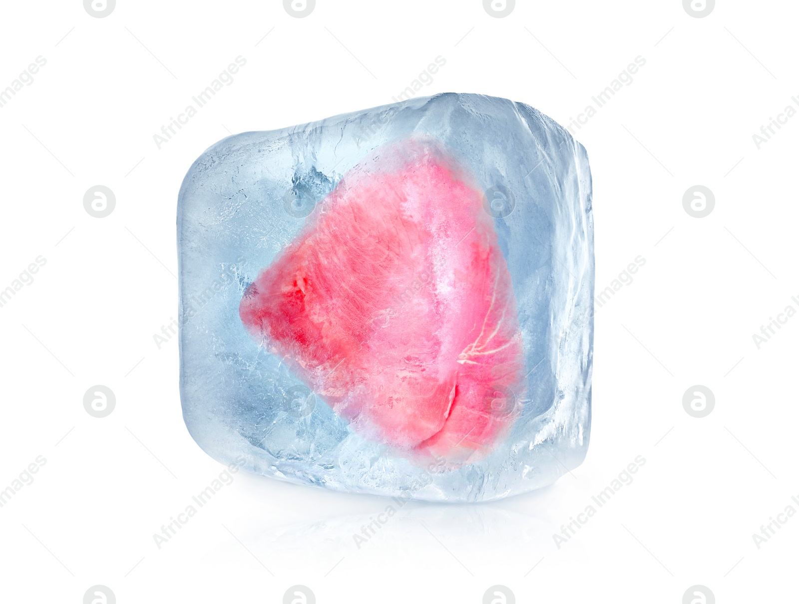 Image of Frozen food. Raw tuna fillet in ice cube isolated on white