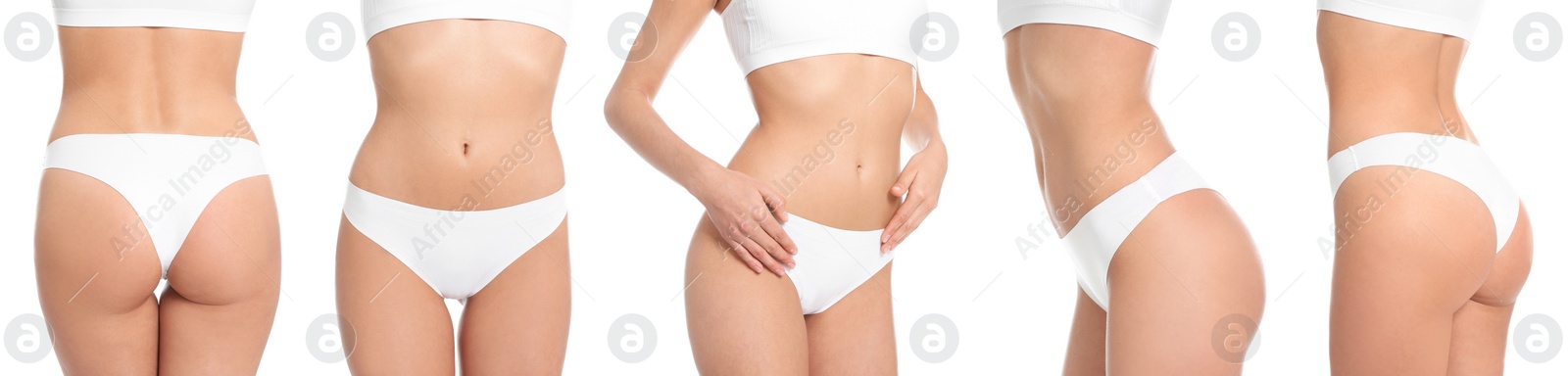 Image of Closeup view of women with slim bodies on white background, collage. Banner design