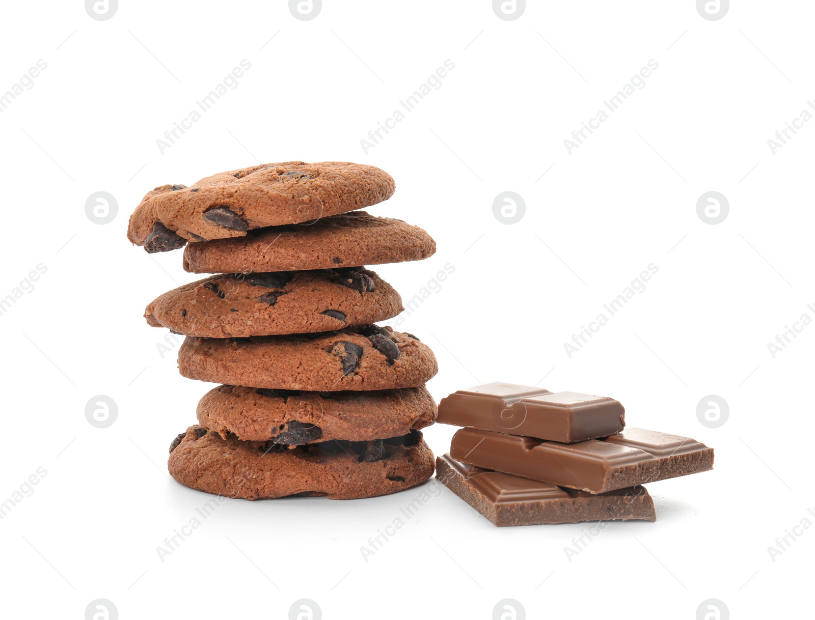 Photo of Stack of tasty chocolate chip cookies on white background