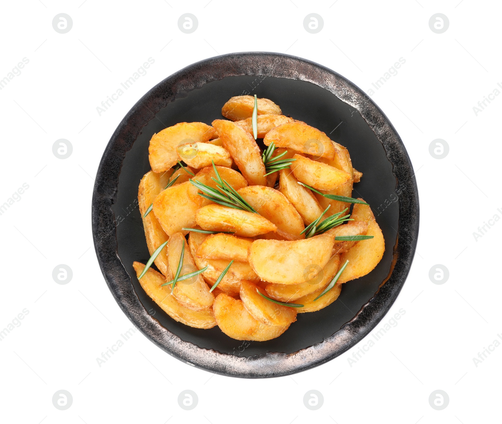 Photo of Plate with baked potatoes and rosemary on white background, top view